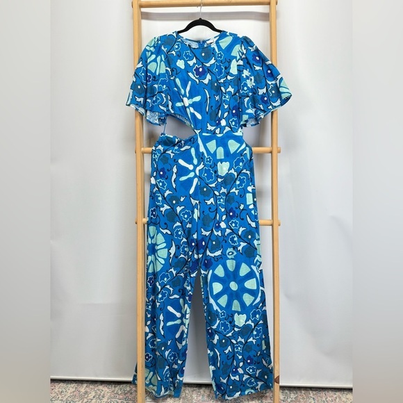 RHODE Blue Floral Linen blend wide leg  flutter sleeve Jumpsuit size S - Picture 5 of 13